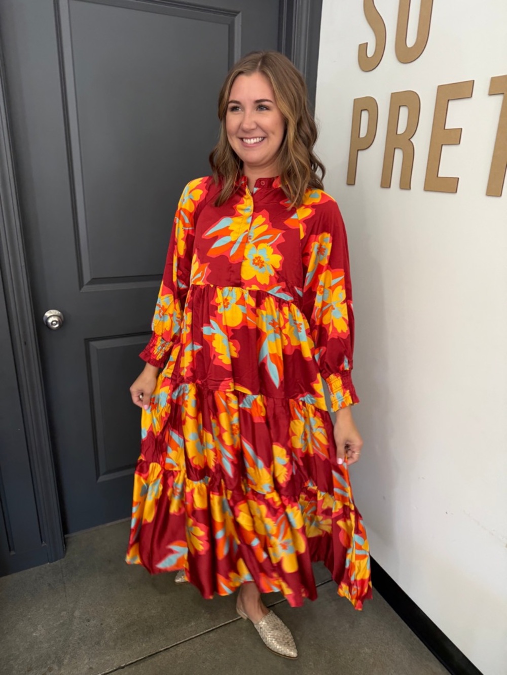 Umgee Rust Maxi Dress with Bold Yellow & Turquoise Floral Print - Picture 6 of 6